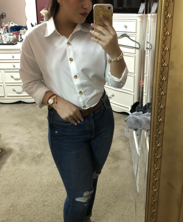 Women's White Long Sleeve Shirt Button Up