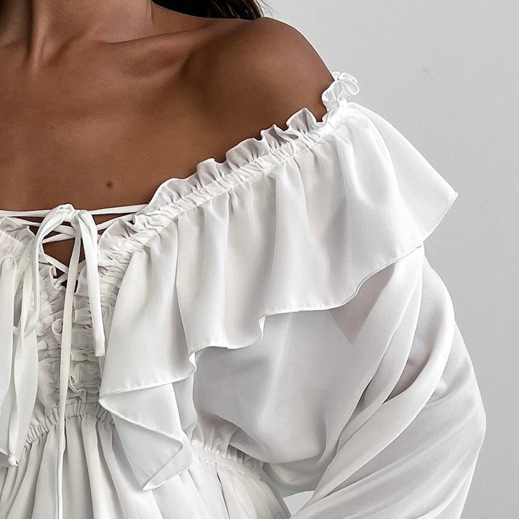 White off shoulder chiffon maxi ruffle dress