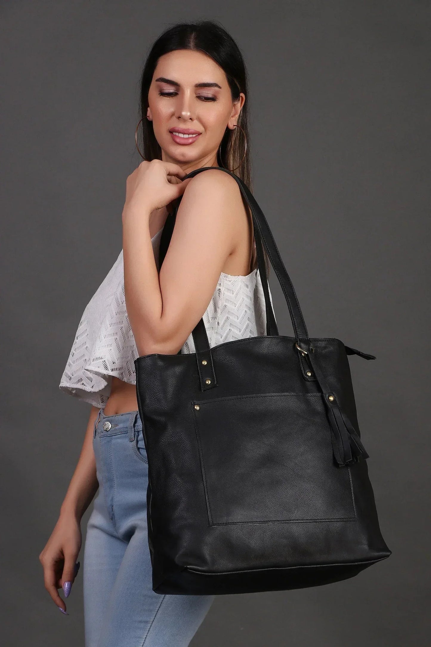 Leather Tote Bag With Pockets Work Tote For Women