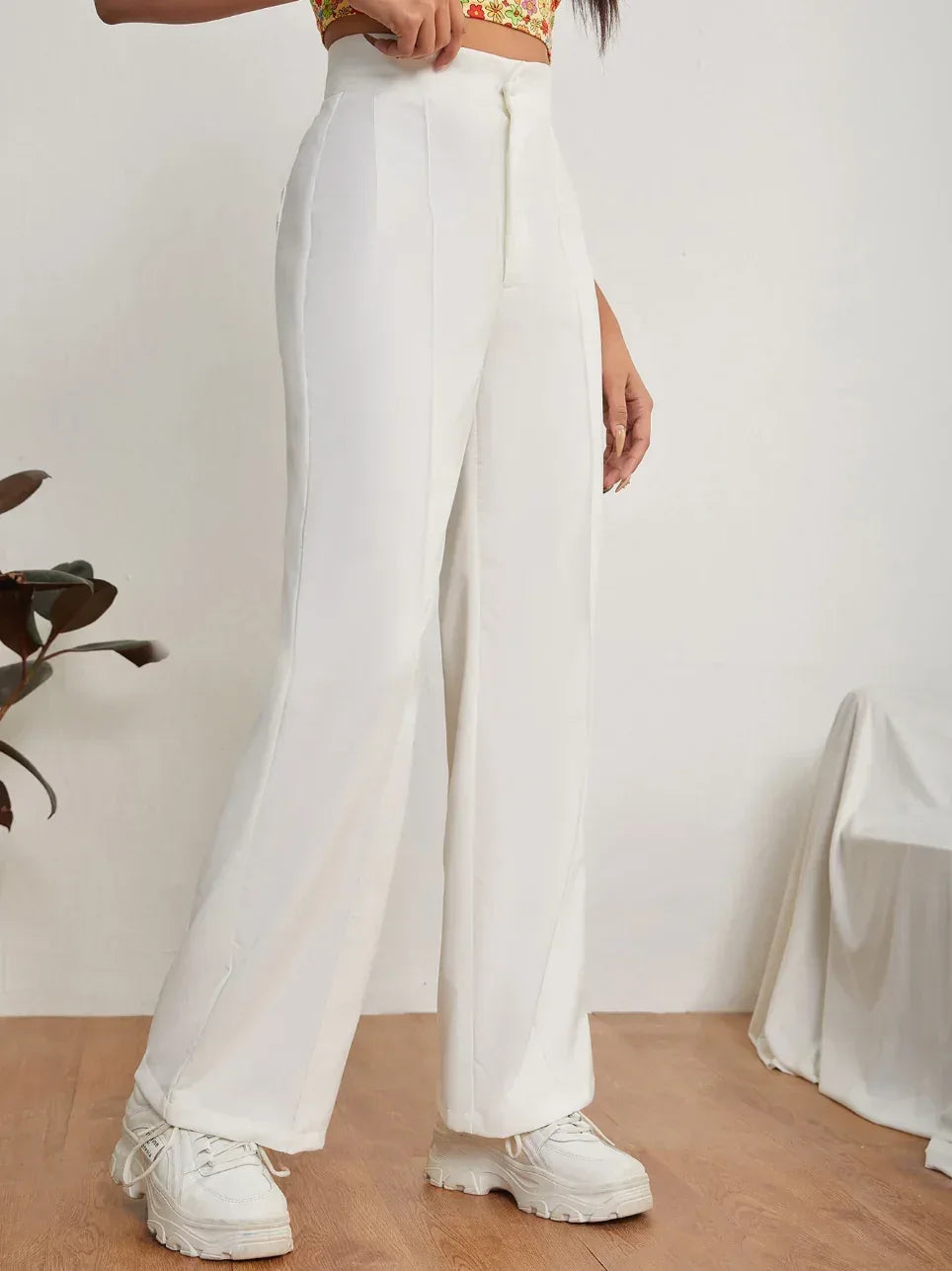 White Pleated Pants Women Loose Fit Breathable Everyday Wear