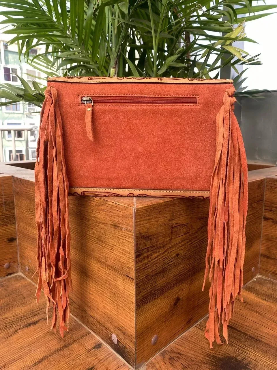 Suede Embossed Leather Tooled Crossbody Bag