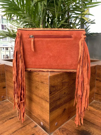 Suede Embossed Leather Tooled Crossbody Bag