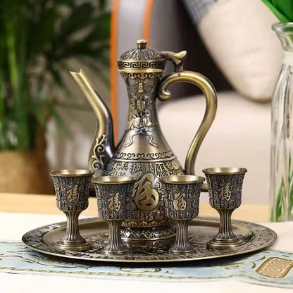 Antique bronze dragon phoenix wine serving set