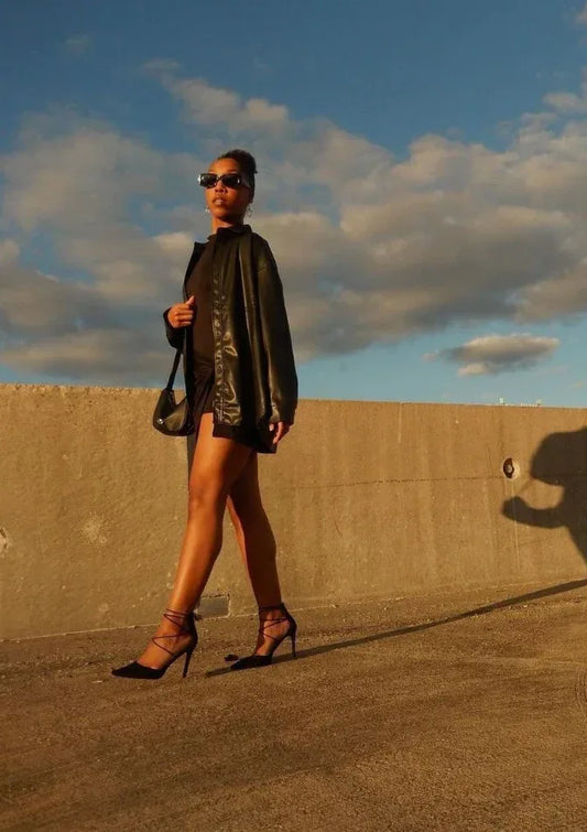 Oversized Leather Shirt Women Black Drop Shoulder Shacket Style