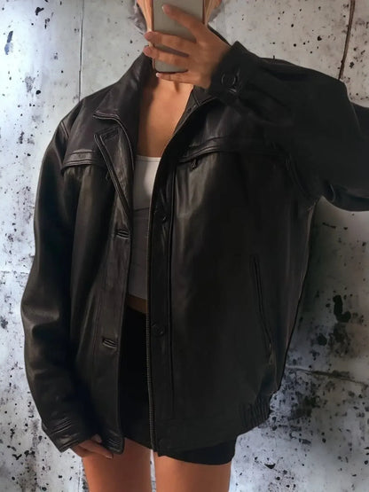 Womens Classic Oversized Biker Leather Jacket Black