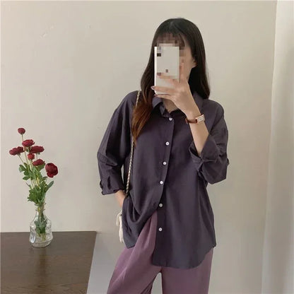 Oversized brown drop shoulder shirt women business casual button blouse
