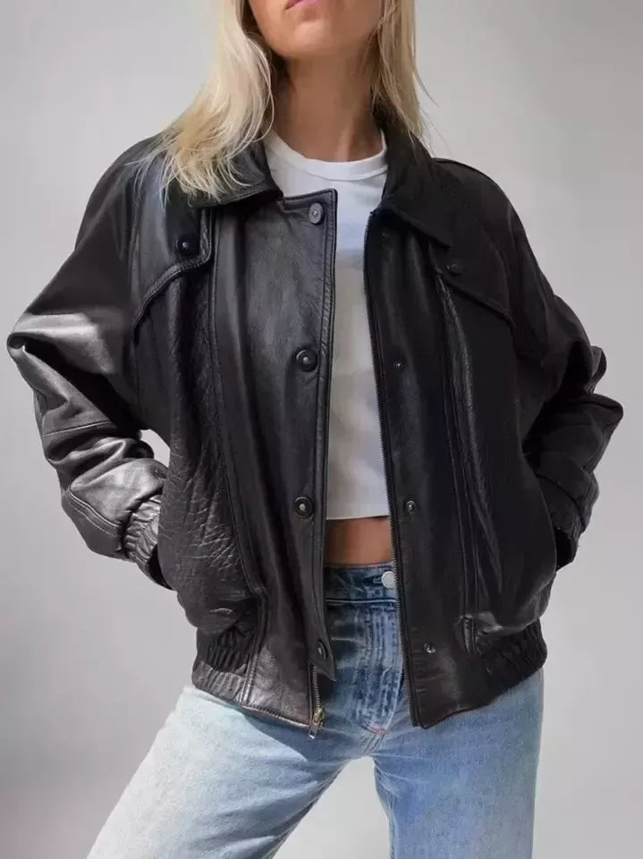 Oversized Leather Jacket for Women in Black Relaxed Bomber Style