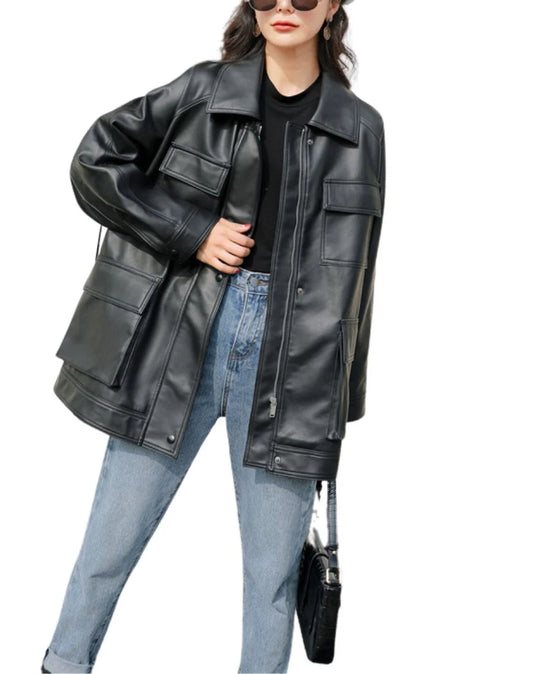 Oversized Women Leather Jacket With Pockets