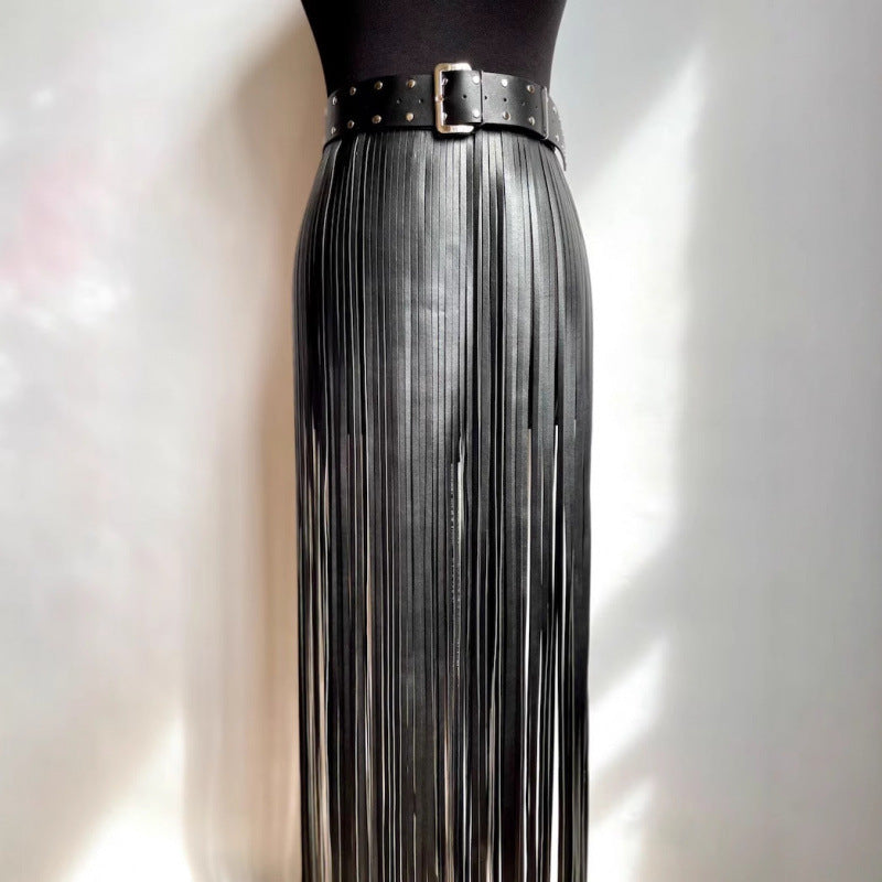 Black leather fringe maxi skirt with studded waist belt