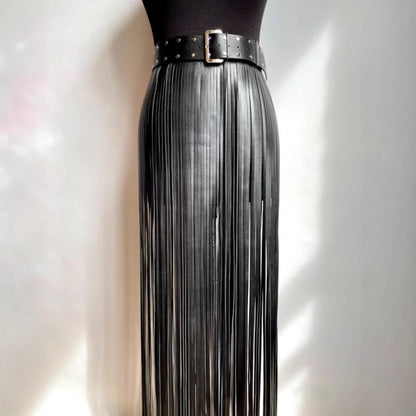 Black leather fringe maxi skirt with studded waist belt