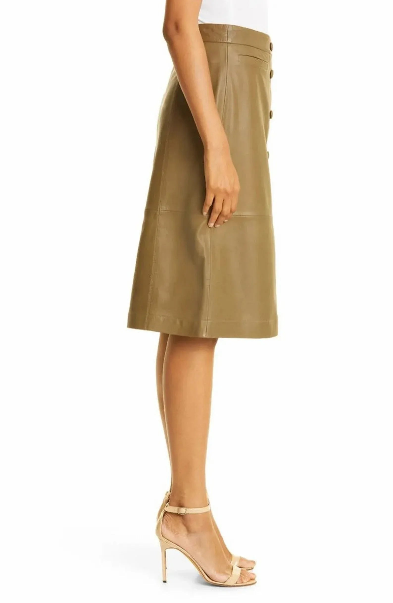 Brown Leather Skirt with Buttons – Knee Length for Women