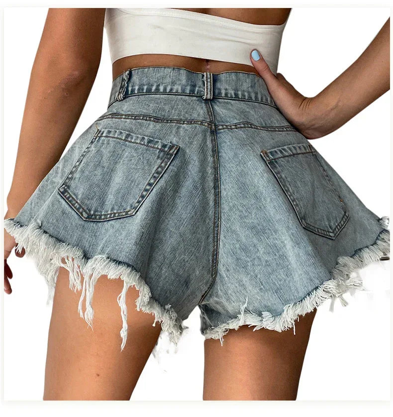 Boho Denim Mini Skirt High Waist Light Wash