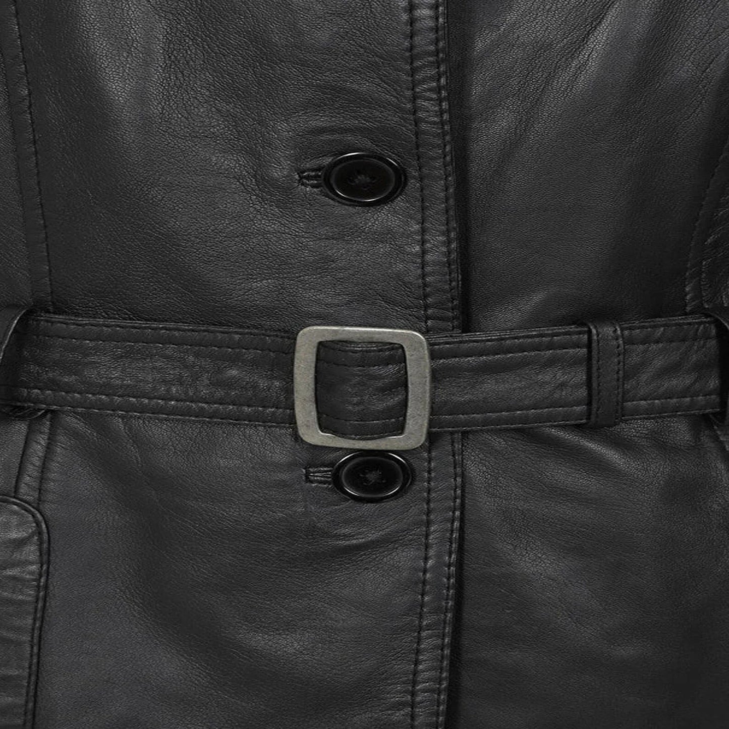 Women Black Leather Genuine Long Coat