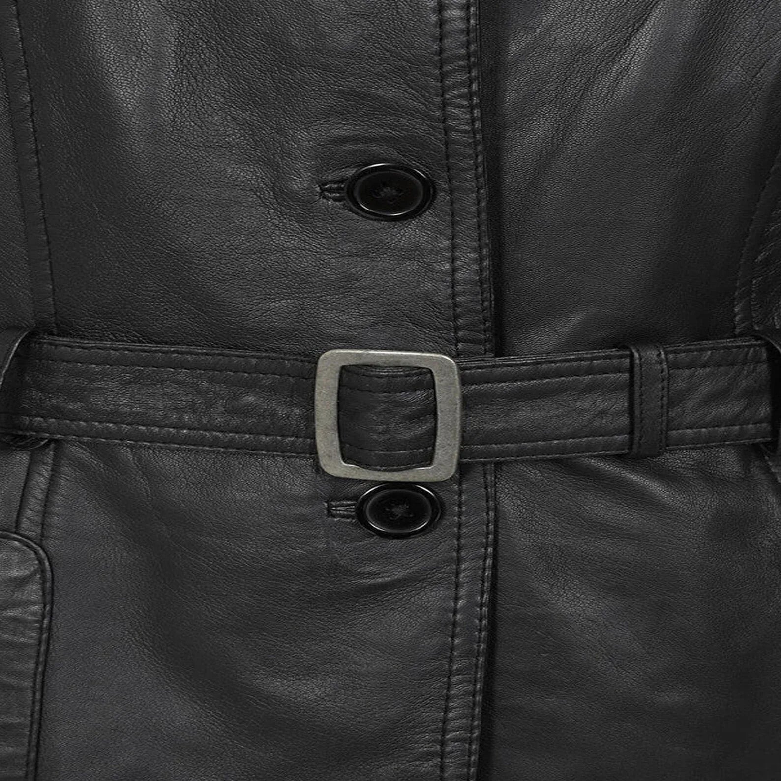 Women Black Leather Genuine Long Coat