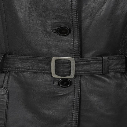 Women Black Leather Genuine Long Coat