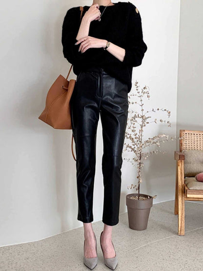 Black high waist cropped faux leather pants women