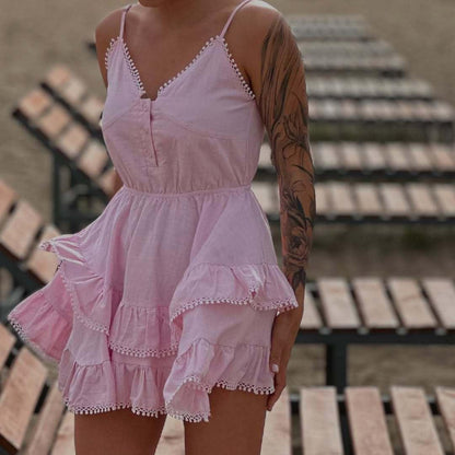 Summer white lace trim belted mini dress