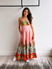 Pink linen printed suspender midi sundress