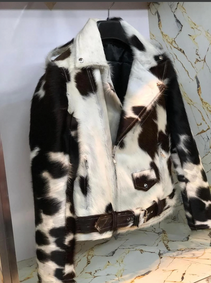 black white real cowhide biker jacket