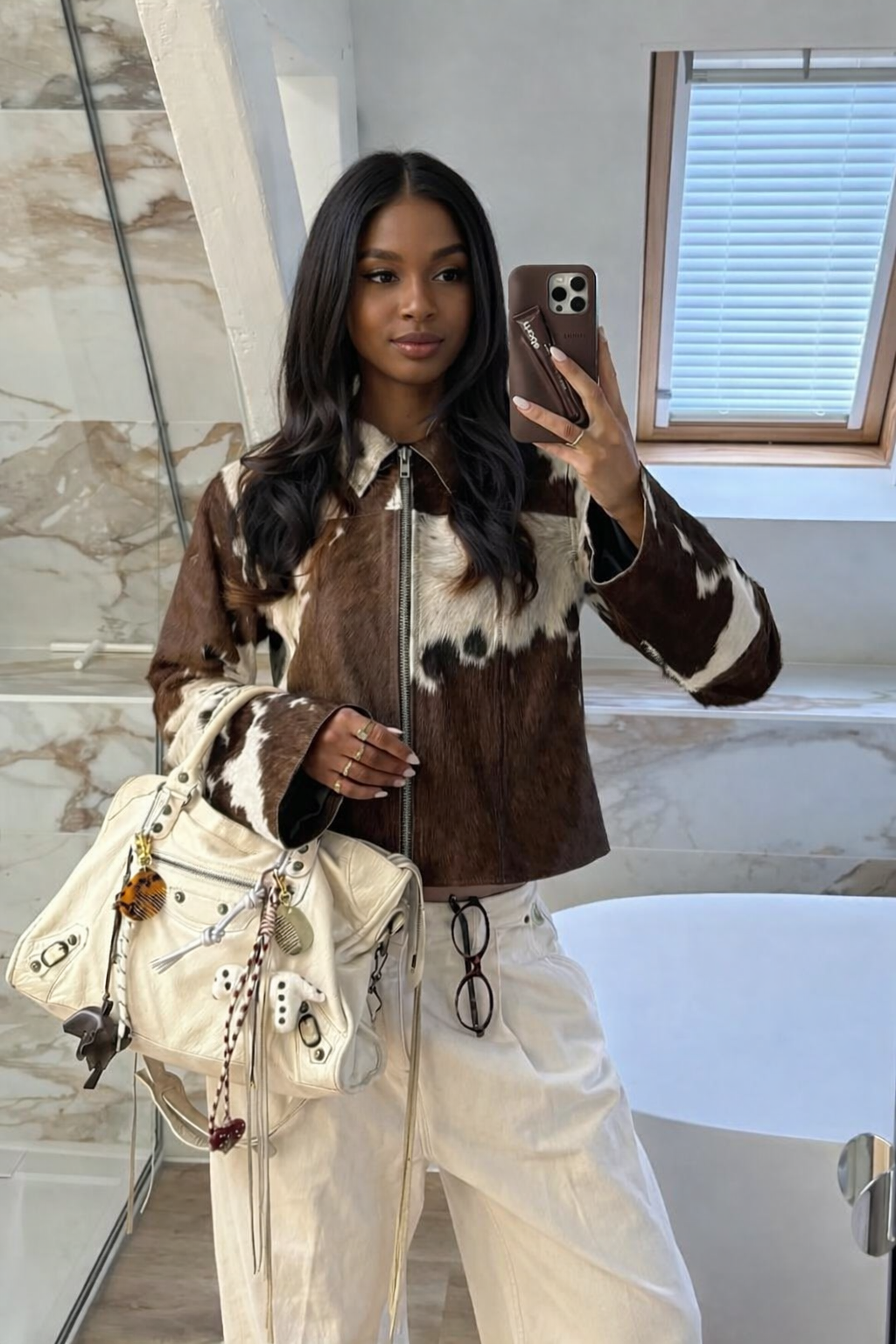 Brown cowhide jacket women western pony coat