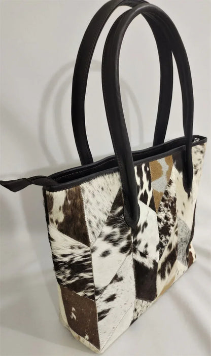 Cowhide tote bag leather patchwork shoulder handbag