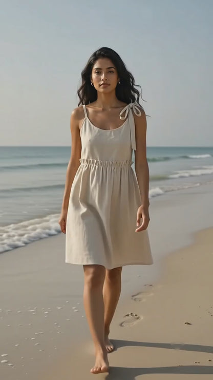 Linen Mini Dress with Tie Shoulders and Pockets