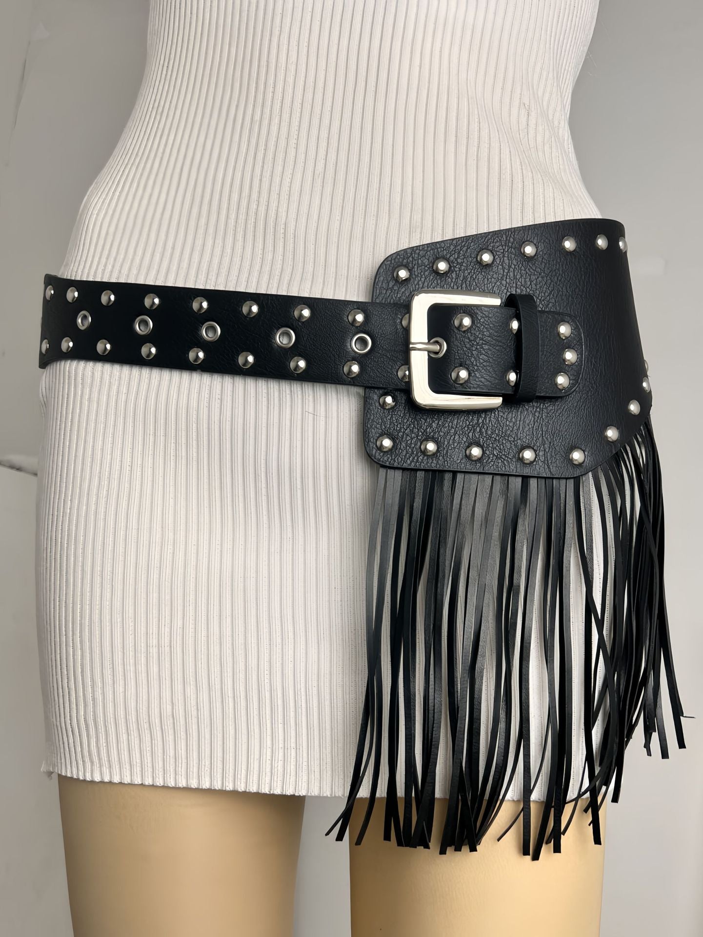 Women black fringe belt skirt high waist studded faux leather wrap
