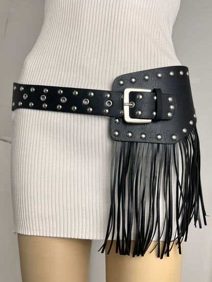 Women black fringe belt skirt high waist studded faux leather wrap