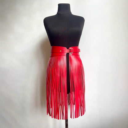Women red fringe faux leather belt skirt high waist tassel design