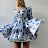 Blue floral layered puff sleeve mini dress