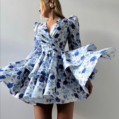 Blue floral layered puff sleeve mini dress