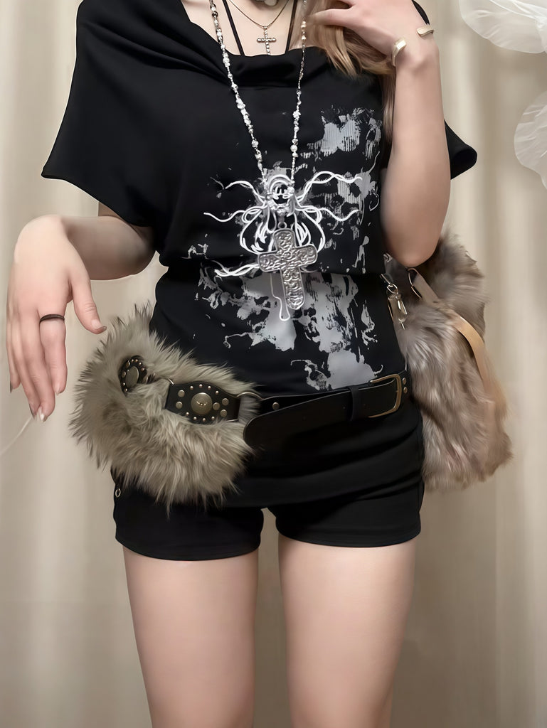 Punk western fur rivet belt women plush waist chain