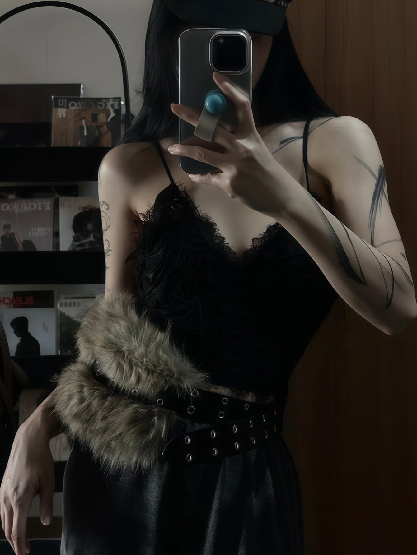 Punk western fur rivet belt women plush waist chain