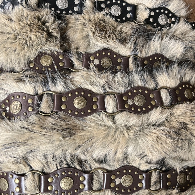 Punk western fur rivet belt women plush waist chain