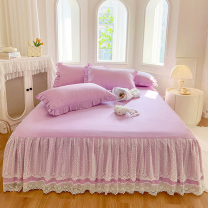 Lace Fitted Sheet with Ruffled Bed Skirt and Pillowcase