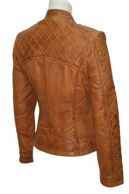 Brown Leather Jacket Women Slim Fit Quilted Biker