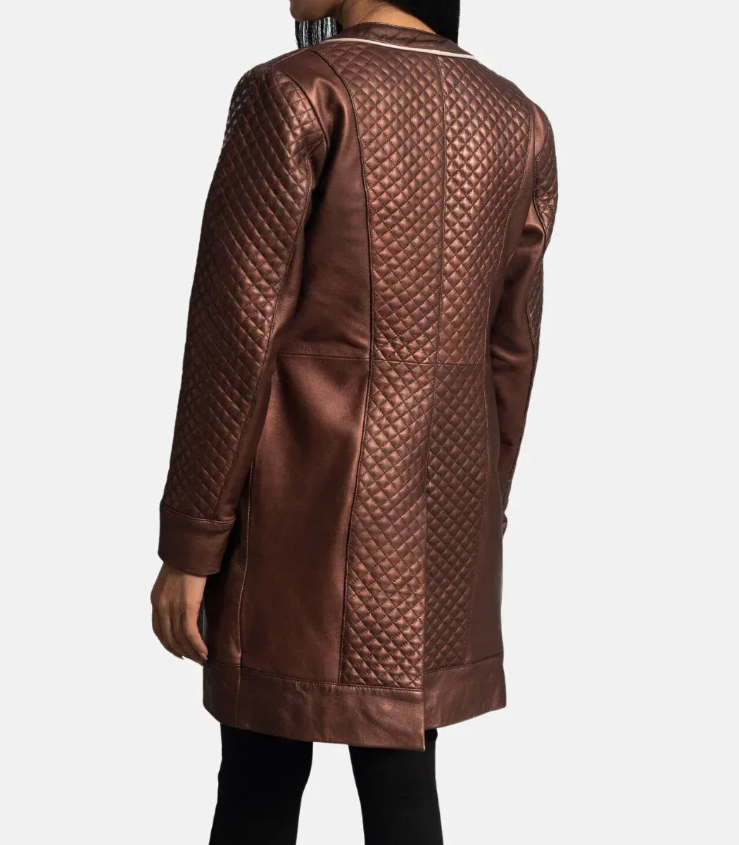 Womens Leather Long Coat Quilted Sheepskin Jacket With Zipper