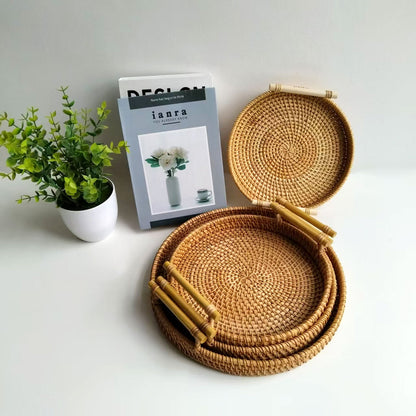 Round rattan tray set with white handles