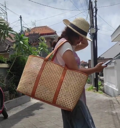 Large Cane And Leather Tote Bag