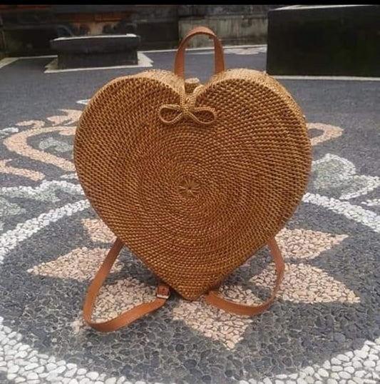 Heart Shape Rattan Backpack Bag