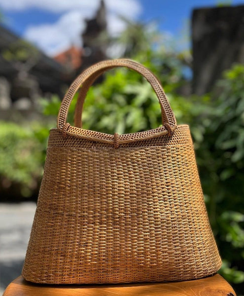 Black Round Rattan Bag (Medium) - Black Sling - Rattan Bag Straw Purse Boho Wicker Bali Woven Handbag by Novum Crafts