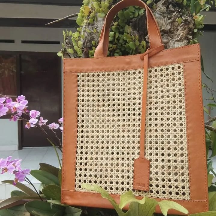 Tall Rattan Leather Tote Shoulder Bag