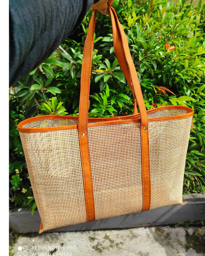 Large Cane And Leather Tote Bag