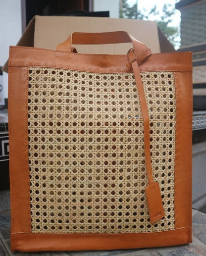 Tall Rattan Leather Tote Shoulder Bag