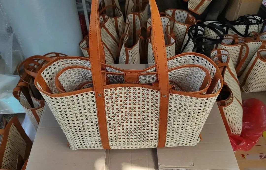 Large Cane And Leather Tote Bag