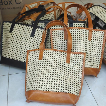 Natural Cane And Real Leather Tote Bag