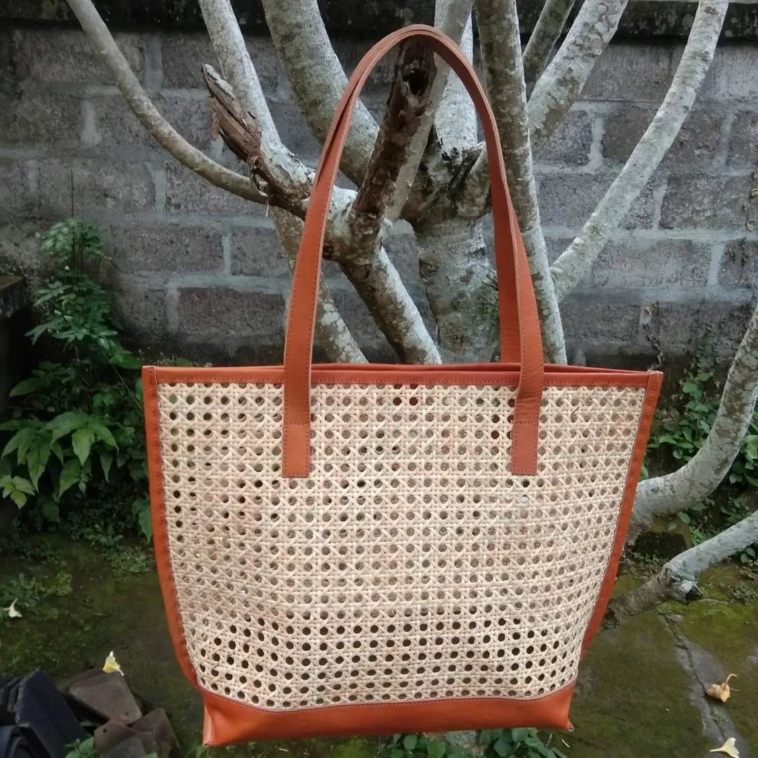 Natural Cane And Real Leather Tote Bag