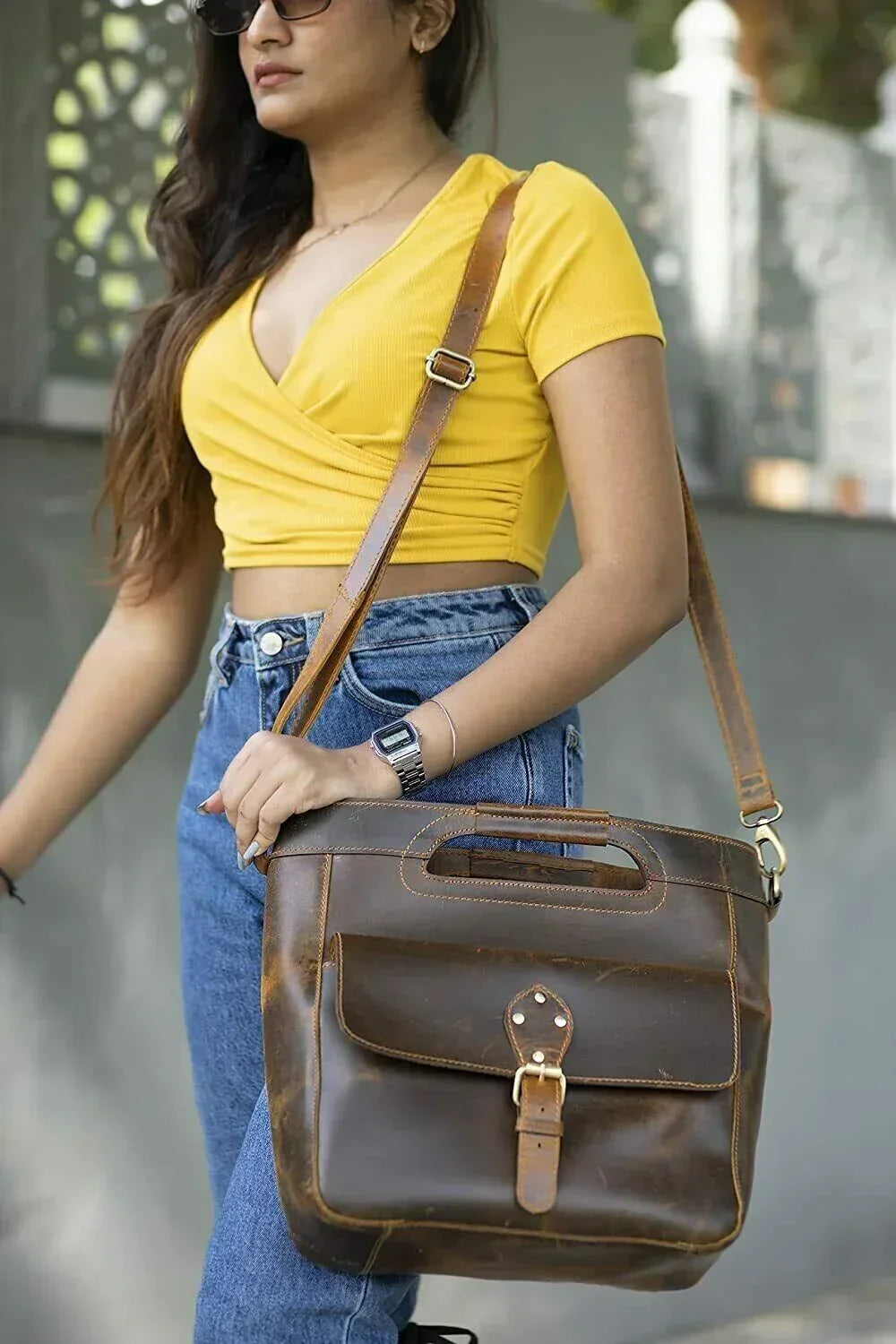 Leather messenger bag for women crossbody