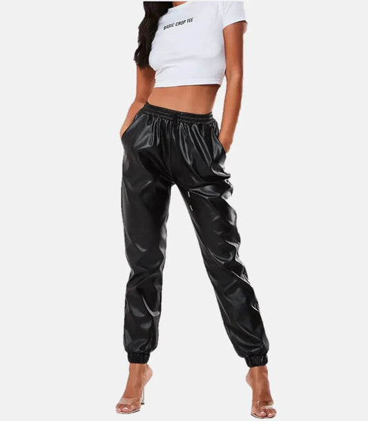 women genuine leather pants slim fit black elastic waist trousers