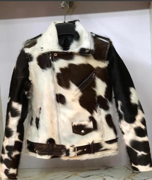 black white real cowhide biker jacket